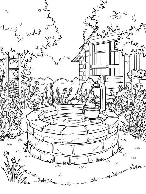 Clean black and white line art coloring page of a stone well with a bucket in a flower filled cottage garden