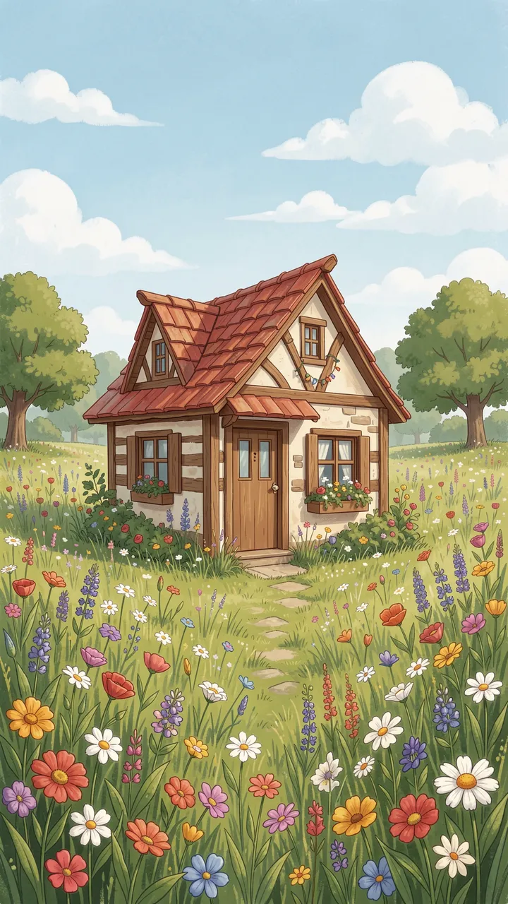 A cozy half-timbered cottage sits in a sunlit wildflower meadow under a pale blue sky with fluffy clouds