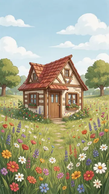 A cozy half-timbered cottage sits in a sunlit wildflower meadow under a pale blue sky with fluffy clouds
