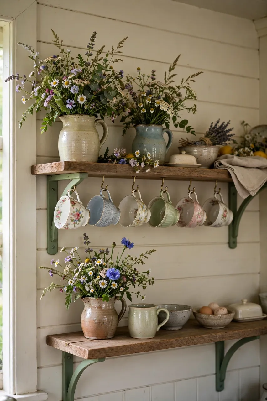 Wooden open kitchen shelves with green brackets hold wildflower jugs and hanging mismatched teacups.