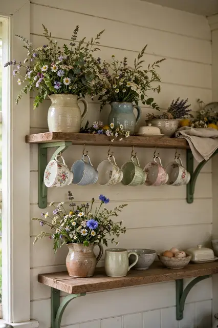 Wooden open kitchen shelves with green brackets hold wildflower jugs and hanging mismatched teacups.