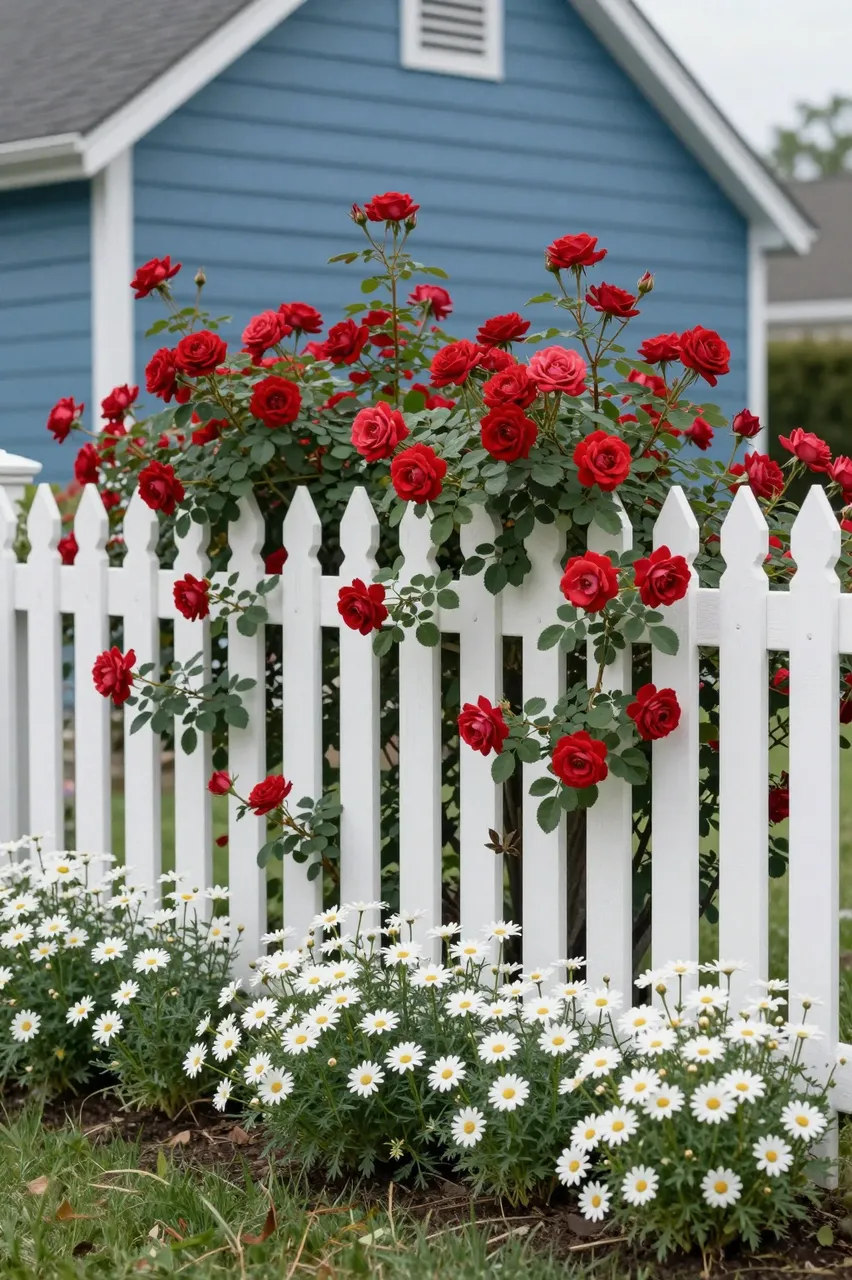 White picket fence draped with red climbing roses above white daisies in front of a blue cottage