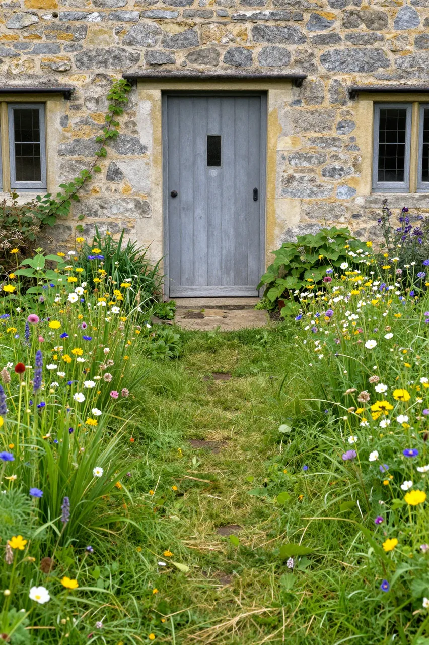 A mown grass path leads through wildflowers to the wooden door of a stone cottage