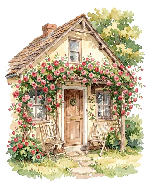 Watercolor illustration of a cozy cottage porch draped in pink climbing roses with two wooden chairs