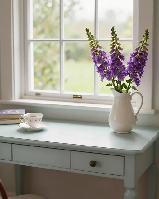 Pale painted desk with teacup, books, and foxglove arrangement sits beside a cottage window with outdoor greenery.