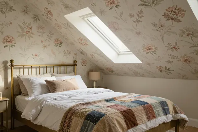 Sunlight filters through a slanted skylight onto a brass bed with a patchwork throw in a floral wallpapered attic bedroom
