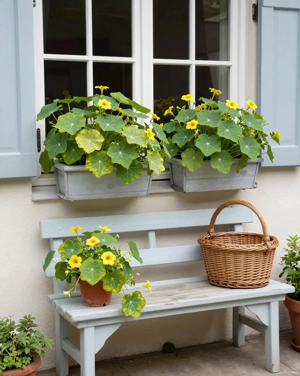 A light blue wooden bench with nasturtium plants and a wicker basket sits below window boxes.