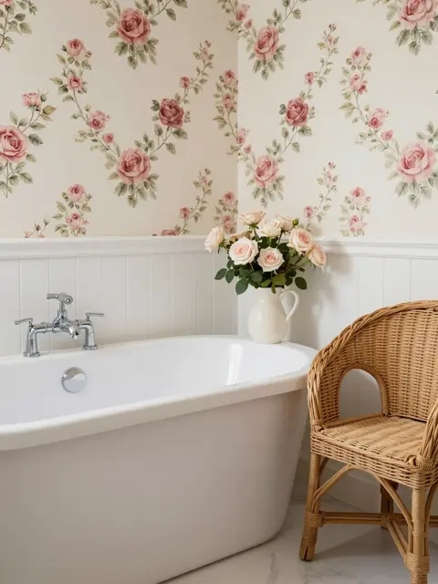 Cottage style bathroom with slipper tub, rose wallpaper, wicker chair and pink roses in a ceramic pitcher