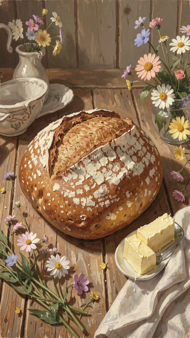 Oil painting still life of crusty sourdough bread, butter and wildflowers on a rustic wooden table