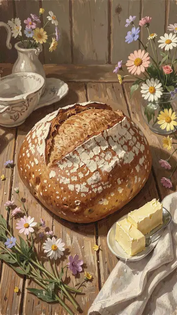 Oil painting still life of crusty sourdough bread, butter and wildflowers on a rustic wooden table