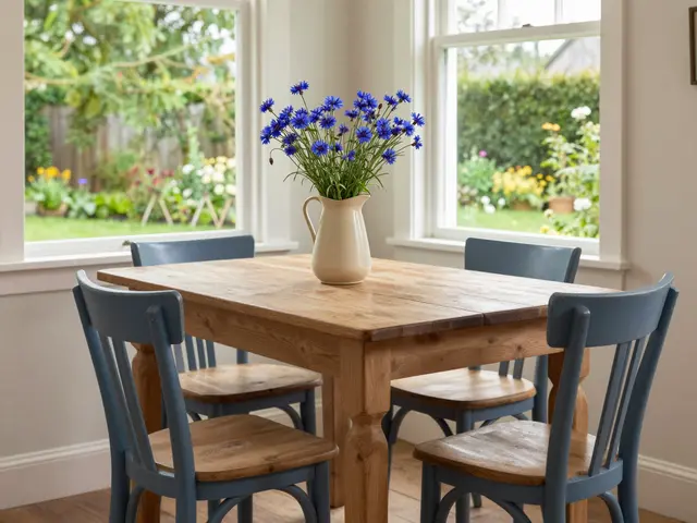 Scrubbed pine dining table with blue painted chairs, a cream jug of cornflowers, and open garden windows overlooking a