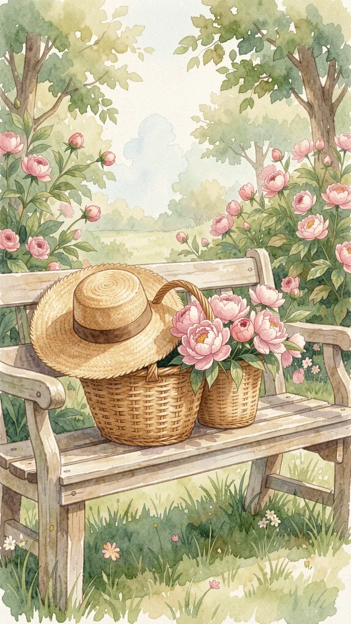 Watercolor illustration of a wooden garden bench holding a straw sun hat and peony baskets, framed by flowering peony bushes.