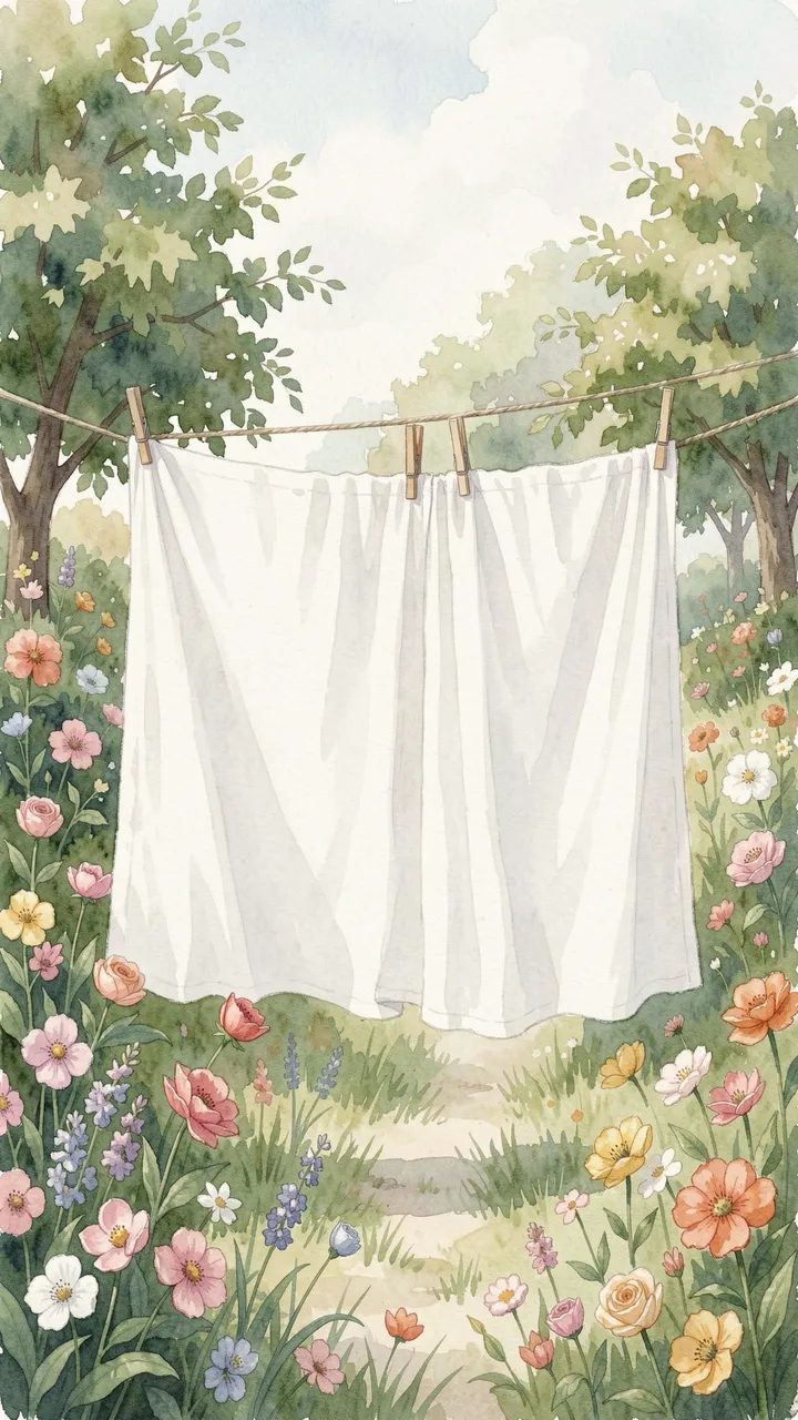 White linen sheets hang from a clothesline among blooming garden flowers on a breezy sunny day