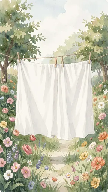 White linen sheets hang from a clothesline among blooming garden flowers on a breezy sunny day