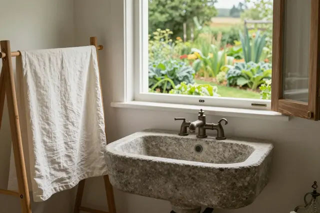 Stone sink, linen drying rack and garden view window in a bright cottage interior