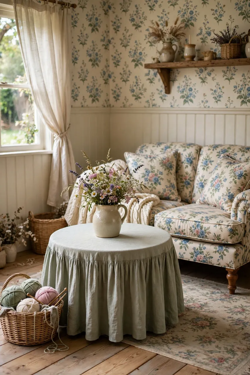 Cozy cottagecore living room with a skirted round table, floral loveseat, yarn basket and wildflower jug.