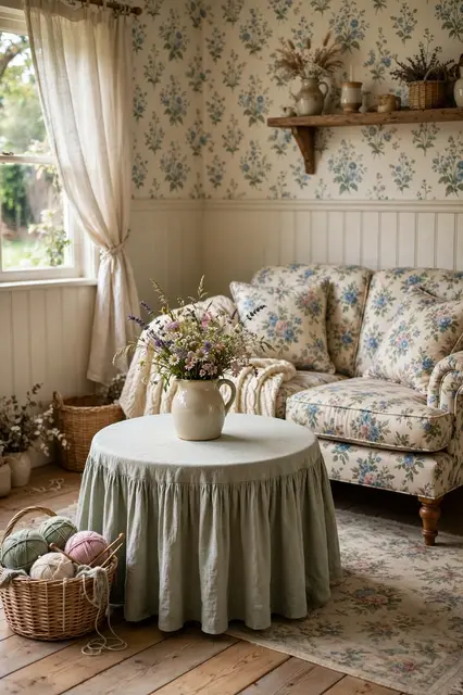 Cozy cottagecore living room with a skirted round table, floral loveseat, yarn basket and wildflower jug.