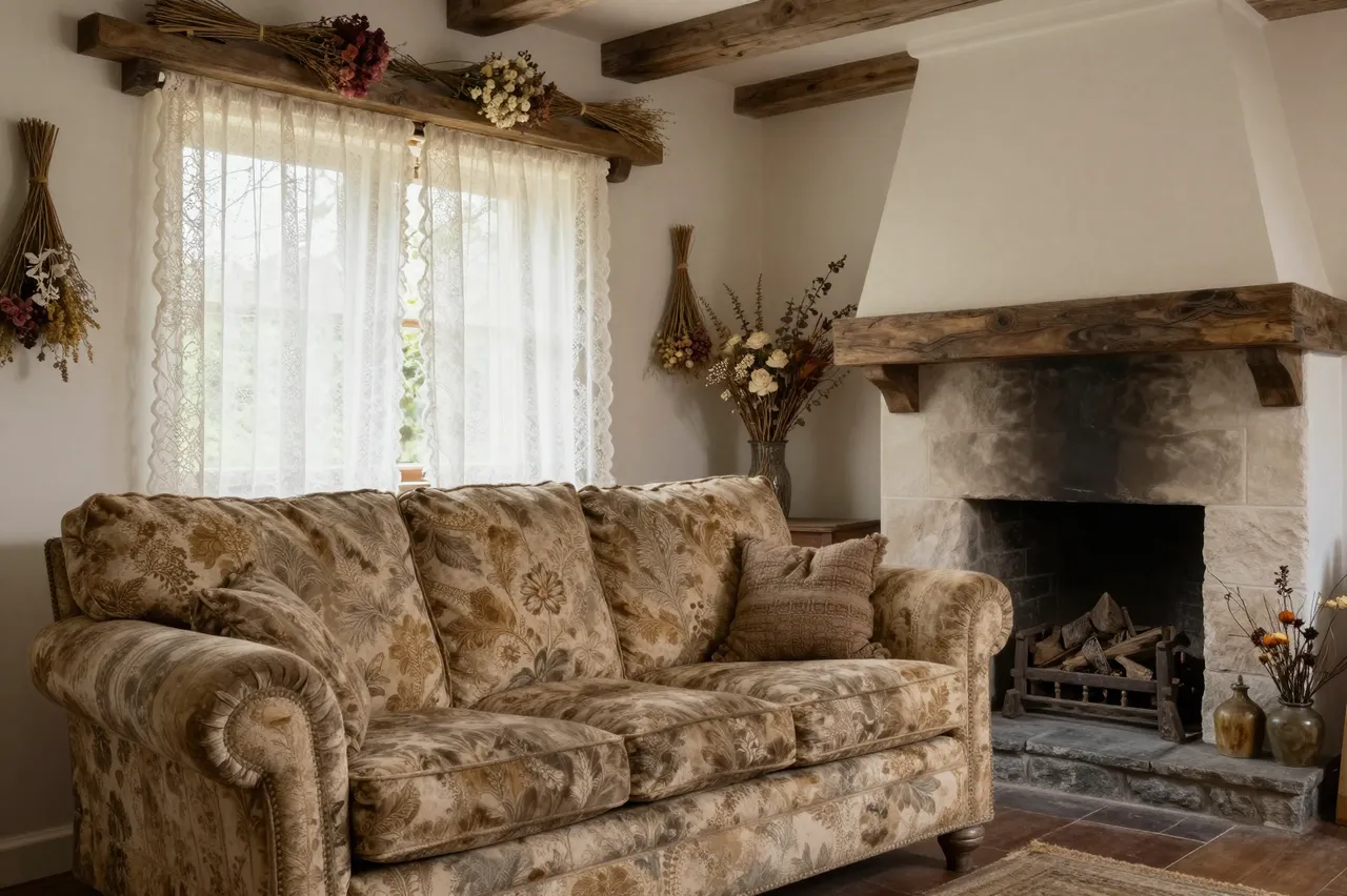Cozy cottagecore living room with chintz sofa, lace curtains, dried flowers and stone hearth