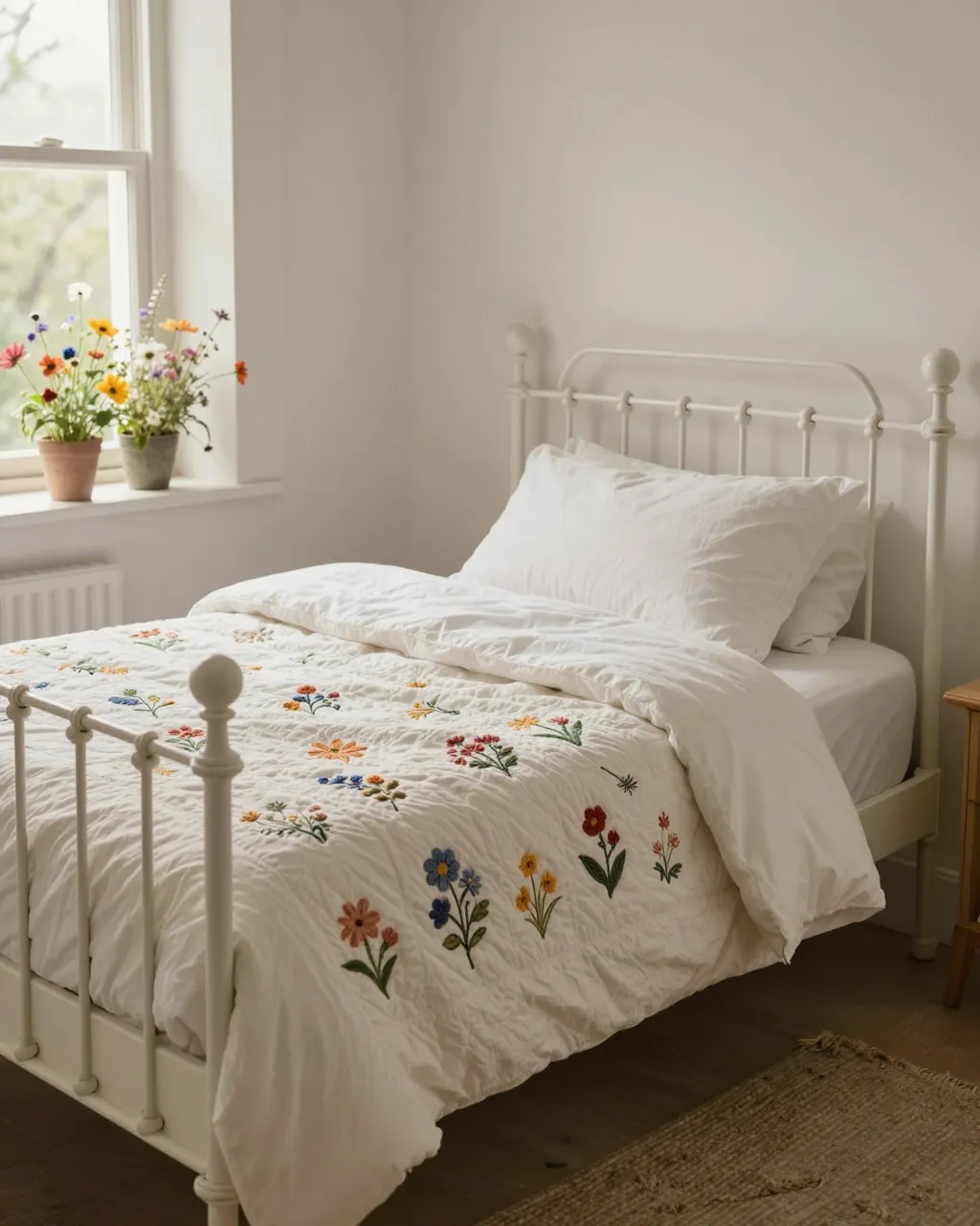Bright cottage bedroom with white iron bed, embroidered quilt and wildflowers on the windowsill in soft morning light