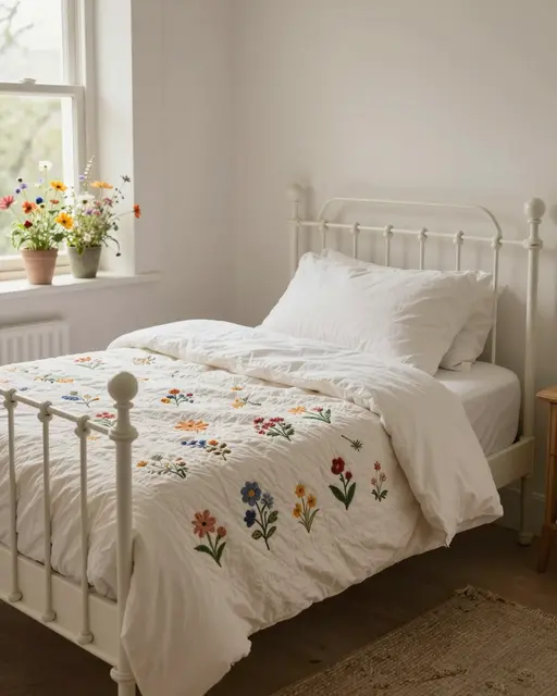 Bright cottage bedroom with white iron bed, embroidered quilt and wildflowers on the windowsill in soft morning light