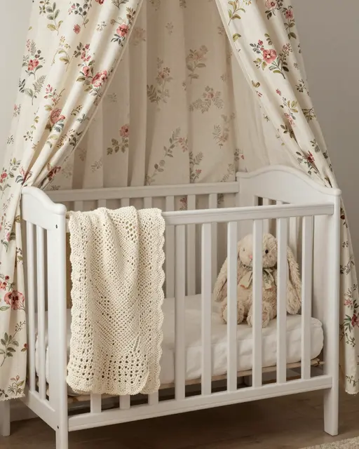 White wooden baby crib with floral canopy curtains, crocheted blanket and stuffed bunny in a soft neutral nursery.