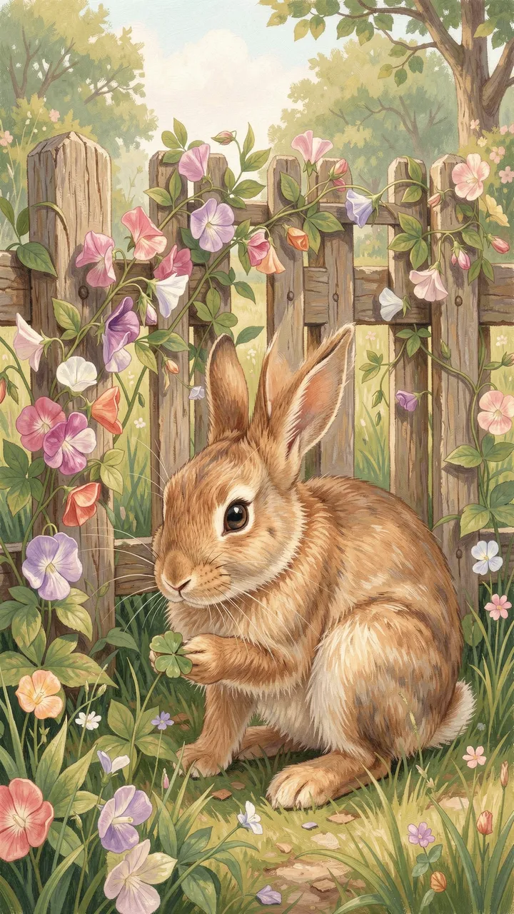 A brown rabbit holds clover while sitting before a wooden fence draped in sweet pea flowers