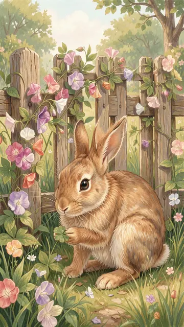A brown rabbit holds clover while sitting before a wooden fence draped in sweet pea flowers