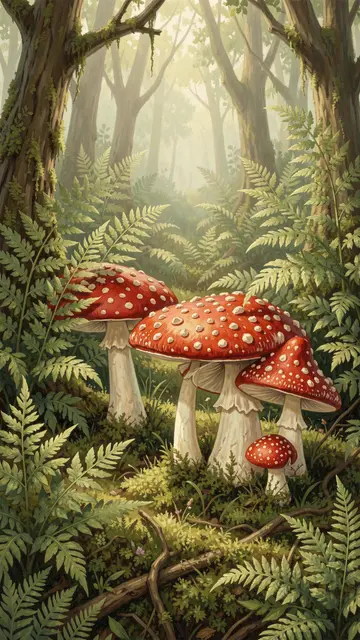 A storybook painting of red and white fly agaric toadstools growing amid ferns on a misty mossy forest floor