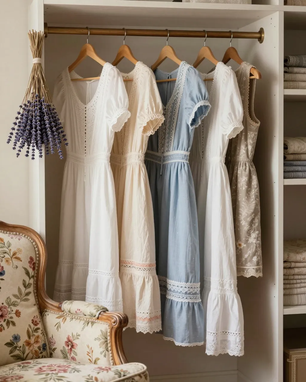 Prairie dresses hang on a wooden closet rail beside a floral armchair and hanging dried lavender.