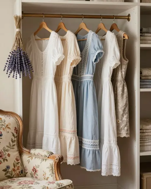 Prairie dresses hang on a wooden closet rail beside a floral armchair and hanging dried lavender.