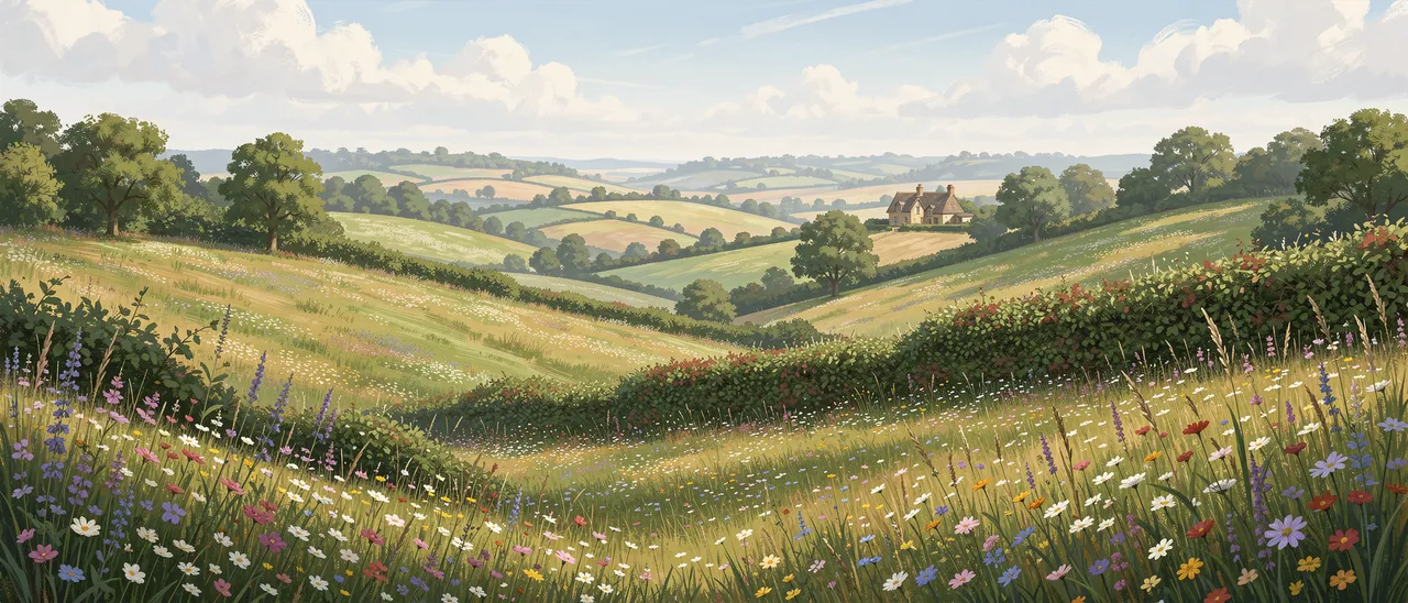 Painterly wide landscape of rolling wildflower hills with hedgerows and a distant stone cottage under soft cloudy skies