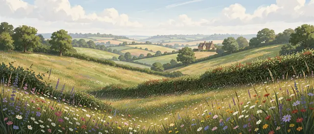 Painterly wide landscape of rolling wildflower hills with hedgerows and a distant stone cottage under soft cloudy skies