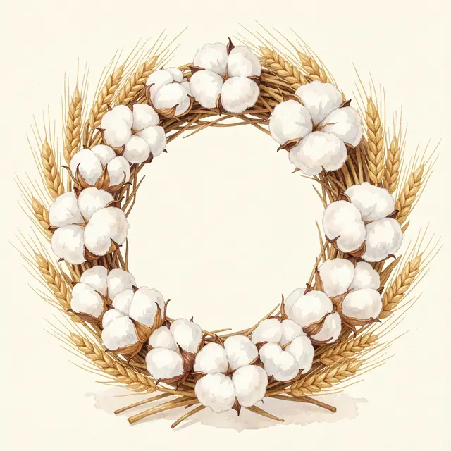 A rustic watercolor circular wreath of white cotton bolls and golden wheat stalks on a cream background