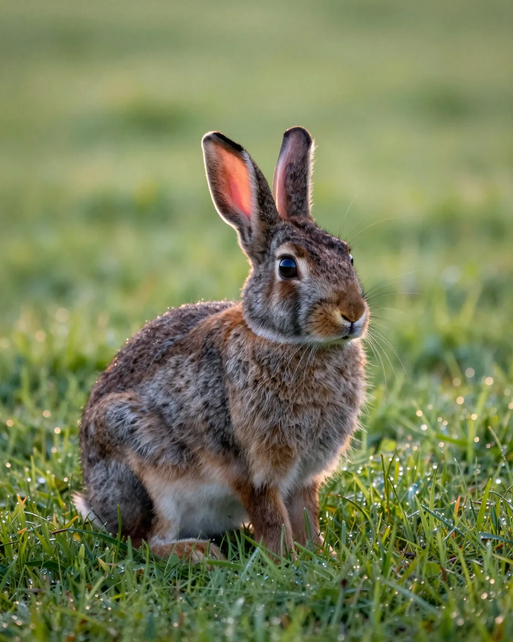 Wild cottontail rabbit sitting upright on dewy green grass at golden sunrise, backlit ears glowing pink