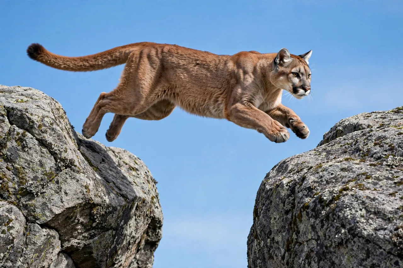 A tawny mountain lion leaps mid-air between two granite boulders under a clear blue sky