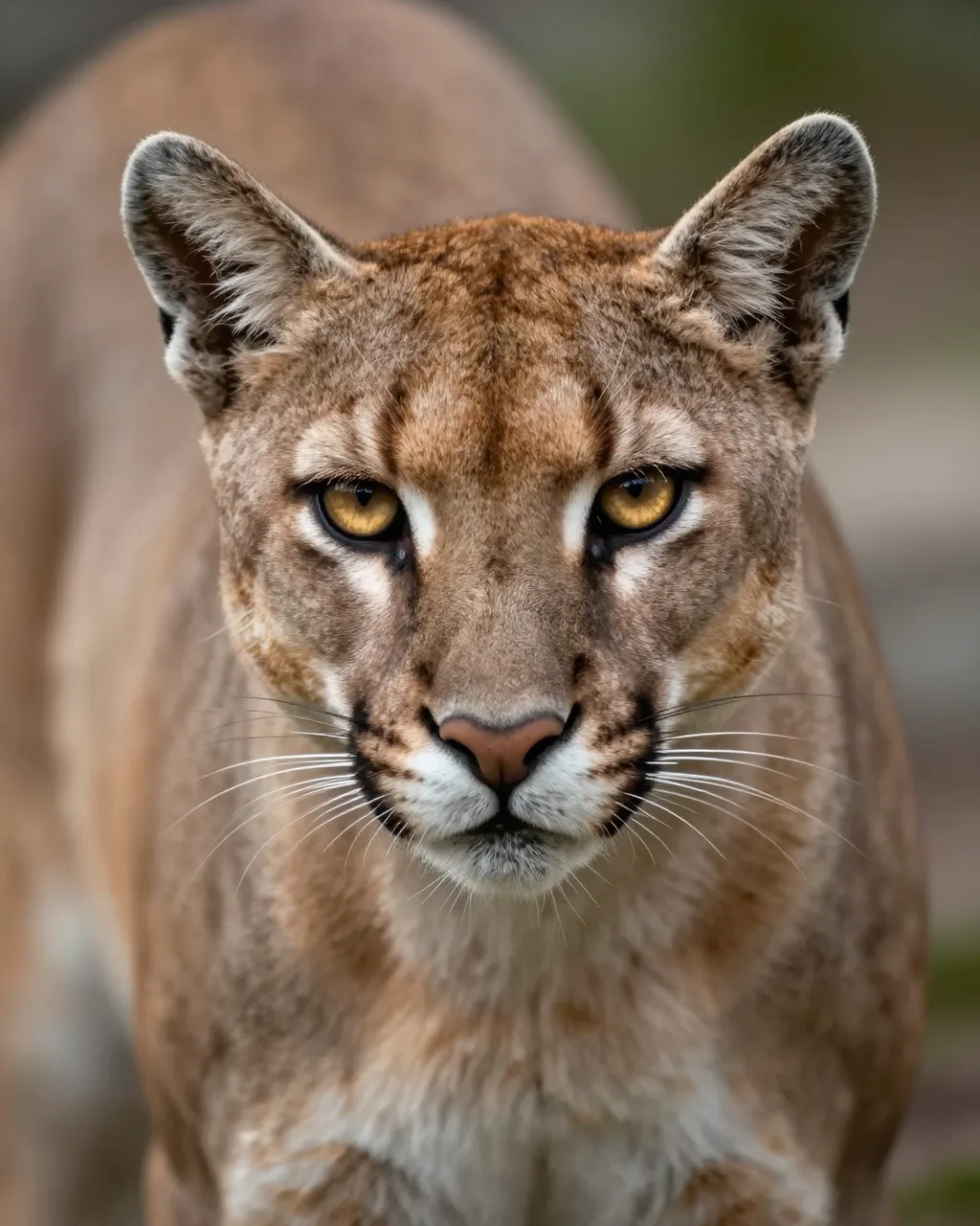 Close-up portrait of a cougar with striking golden eyes gazing directly at the camera