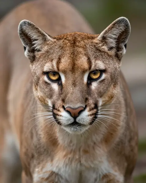 Close-up portrait of a cougar with striking golden eyes gazing directly at the camera
