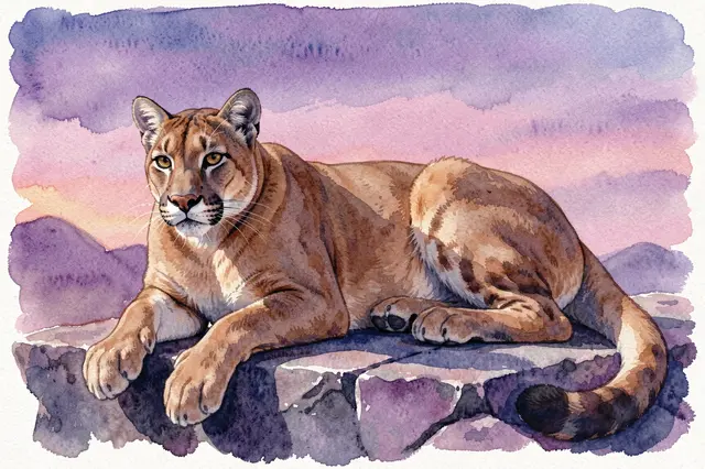 Watercolor painting of a tawny cougar resting calmly on a rocky ledge beneath a purple and pink dusk sky