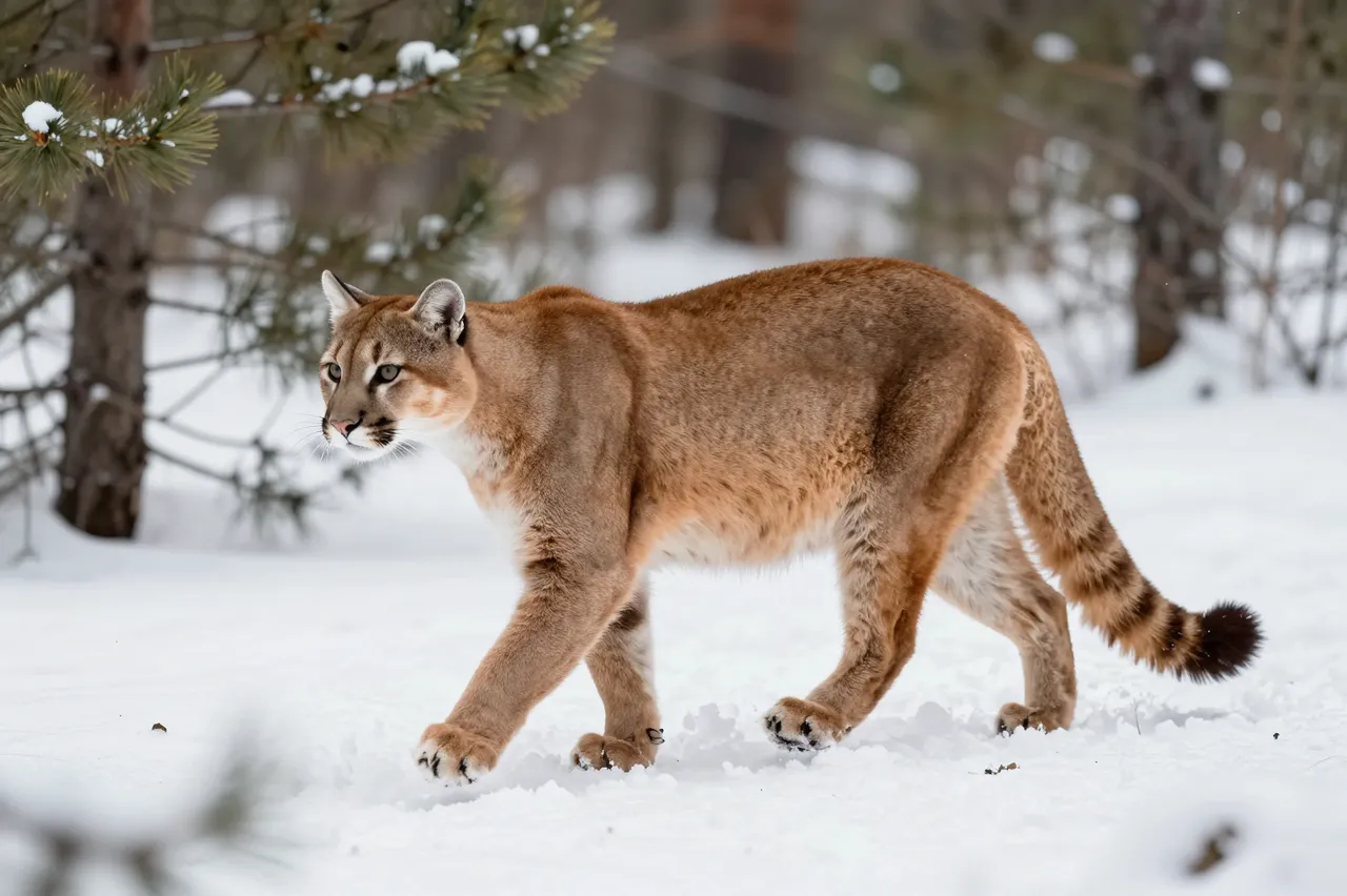 A tawny cougar with a dark-tipped tail walks across snow in a pine forest