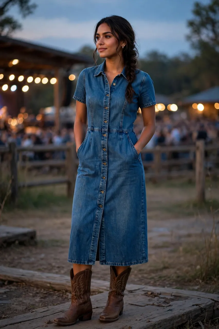 Latina woman in denim midi dress and western boots stands at an outdoor country concert at dusk