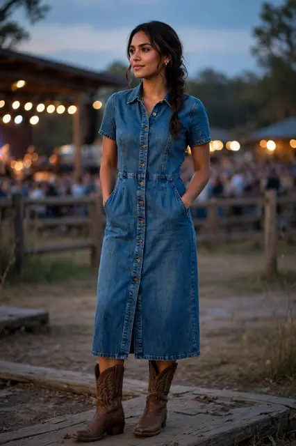 Latina woman in denim midi dress and western boots stands at an outdoor country concert at dusk