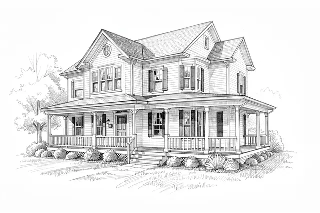 Detailed graphite pencil sketch of a two-story country home with a wraparound front porch and yard landscaping