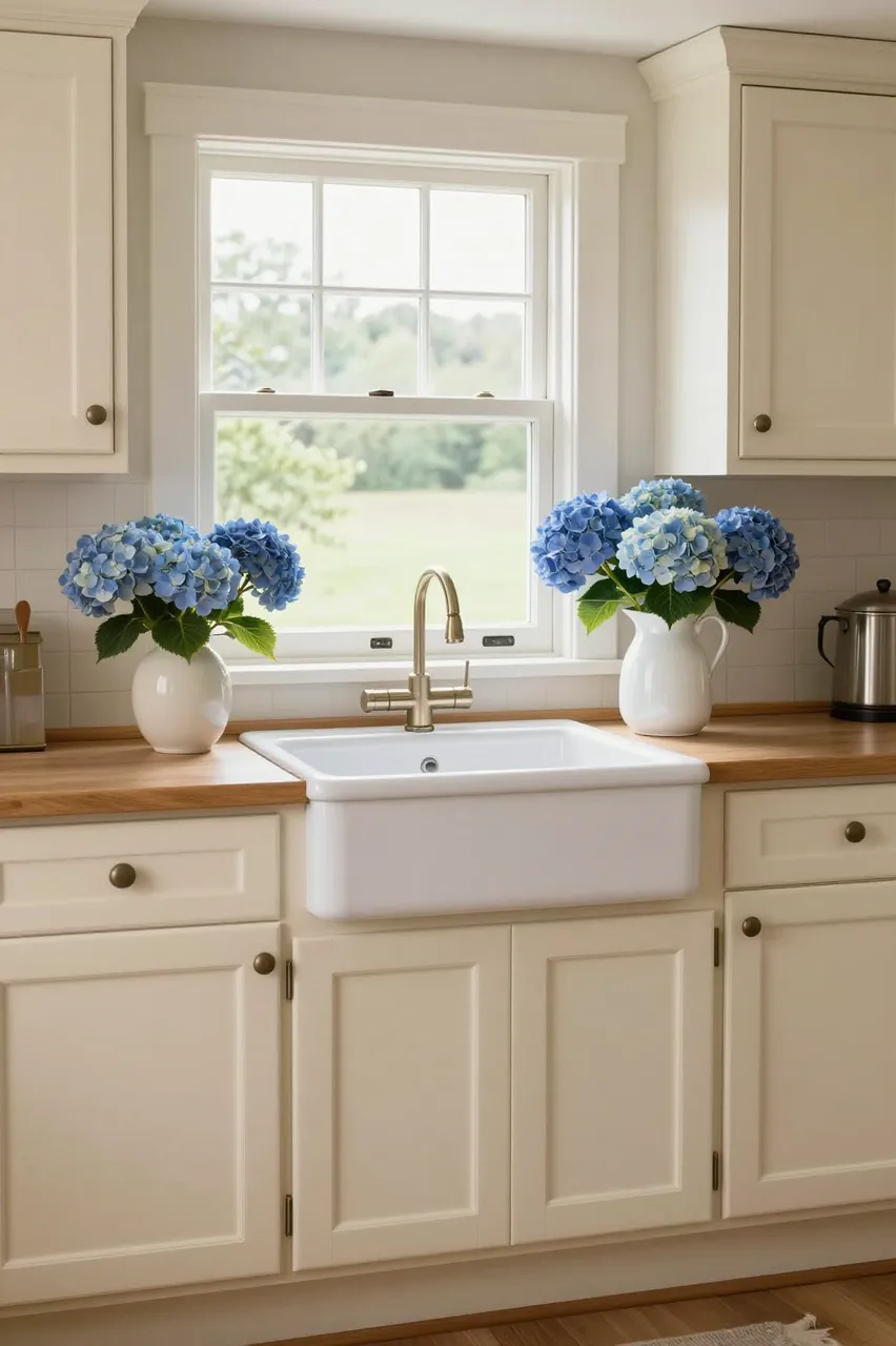 Bright country kitchen with cream cabinets, apron sink, and blue hydrangeas on the counter under a paned window.