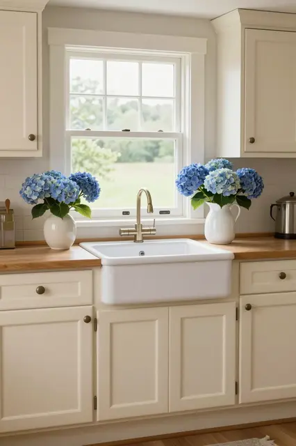 Bright country kitchen with cream cabinets, apron sink, and blue hydrangeas on the counter under a paned window.