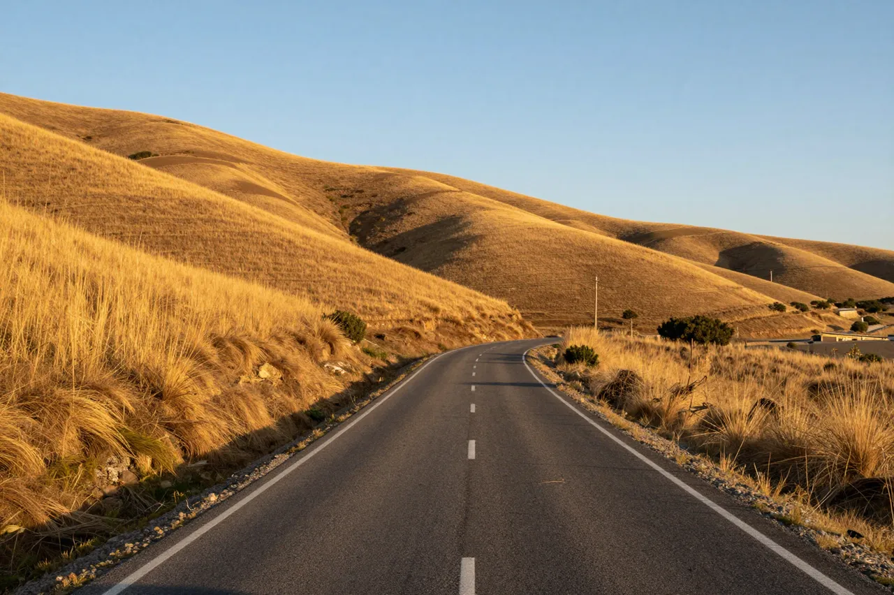 Paved rural road winds through sunlit golden grassy hills under a clear pale sky at golden hour