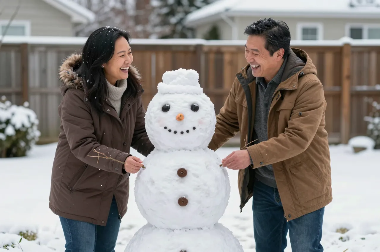 A laughing man and woman add stick arms to a finished snowman in a snowy residential backyard.