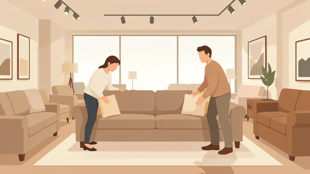 Faceless couple arranges throw pillows on a neutral sofa inside a warm furniture showroom