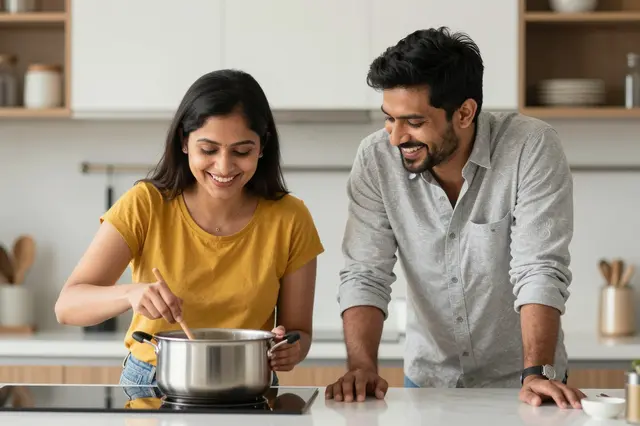 A South Asian woman stirs a pot on the stovetop while her partner leans on the kitchen counter laughing beside her.