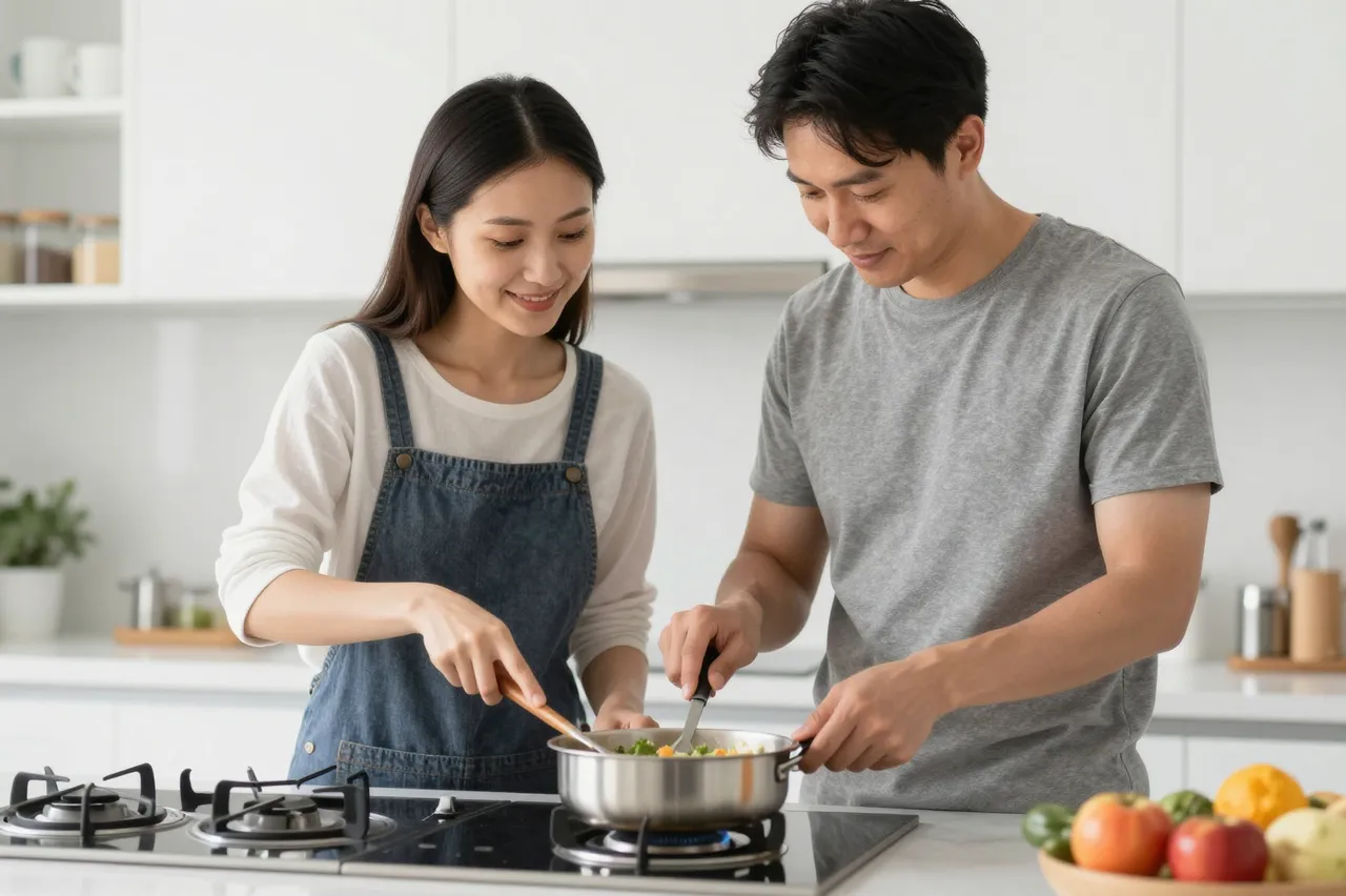 An adult couple stands side by side stirring food in a pan on a gas stovetop in a bright modern kitchen