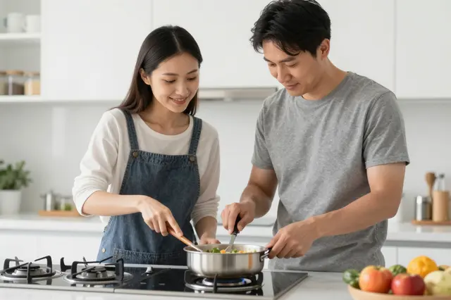 An adult couple stands side by side stirring food in a pan on a gas stovetop in a bright modern kitchen